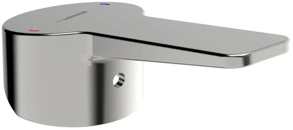Hebel von HANSA in Chromoptik mit seitlichem Hebel und Farbmarkierungen für Warm- und Kaltwasser. Eignet sich für moderne Wasserarmaturen.